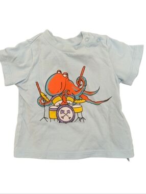 Stella McCartney Light Blue Tee with Orange Octopus Drum Graphic